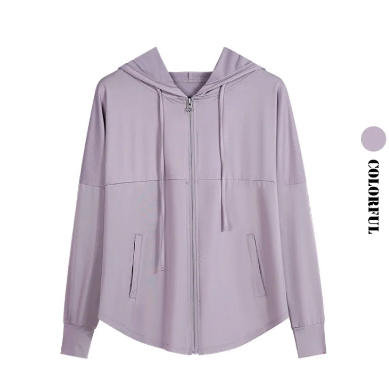 UPF 50+ Hooded Running Jacket Sun Protection Full Zip Long Sleeve Lightweight Gym Shirt Quick Dry Hiking Yoga Coat Autumn