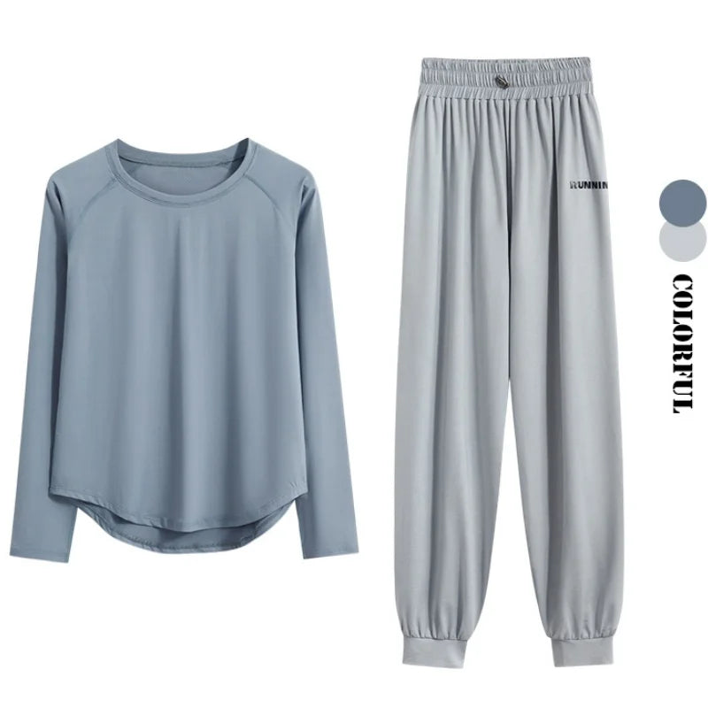 2Pcs Running Set Women Tracksuit Lightweight Loose Long Sleeve Sport Shirt Pants Sets 2 Piece Sportswear Outfit Gym Clothes