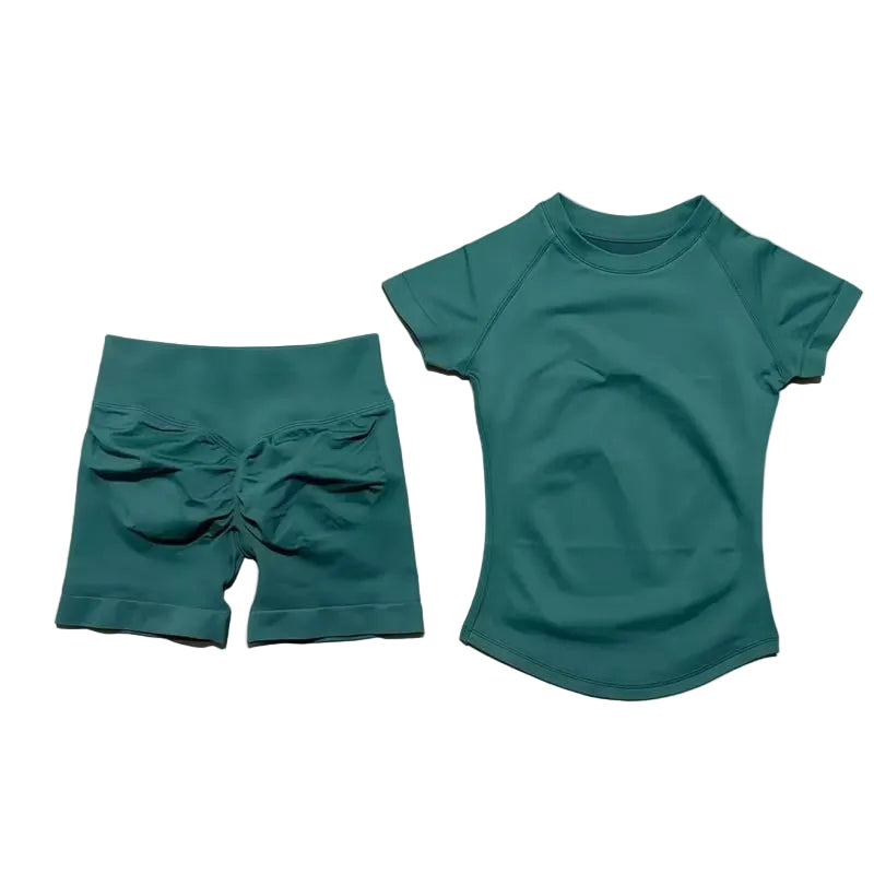 2 Pcs  Impact Gym Sets Short Sleeve Seamless Yoga Clothing Fitness Set Women Workout Running Sports Short Leggings Suit