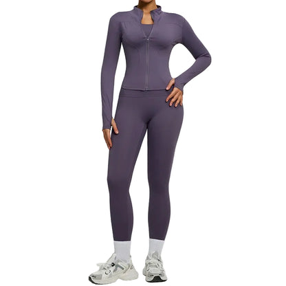 SVEIC Two Piece Set Yoga Coat Sports Top Long Sleeve Jacket Fitness Breathable Women'S Tracksuit High Waist Leggings Gym Clothes