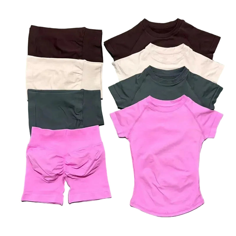 2 Pcs  Impact Gym Sets Short Sleeve Seamless Yoga Clothing Fitness Set Women Workout Running Sports Short Leggings Suit