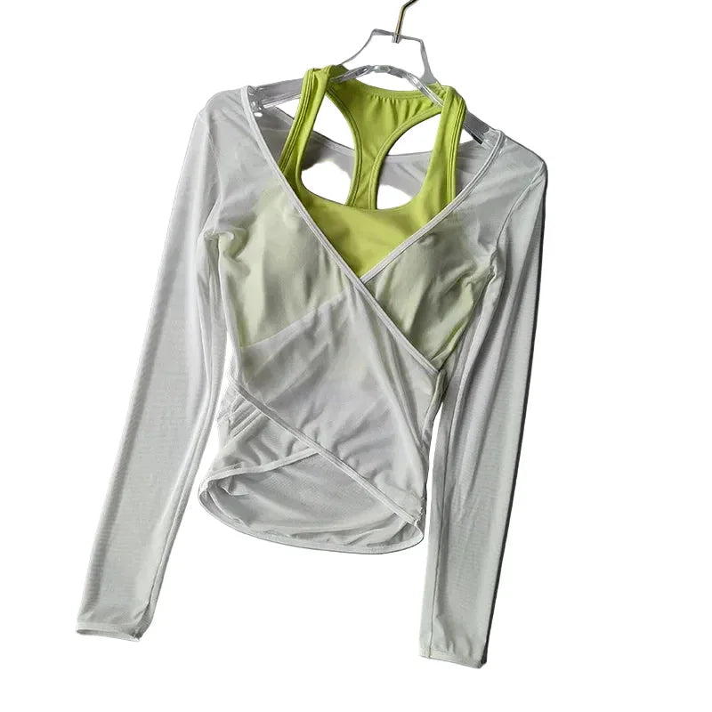 Sexy Mesh Slimming Yoga Suit for Women Gathering Together Sports Bra Fake Two Pieces of Quick Drying Training Pilates Cover Up