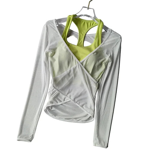 Sexy Mesh Slimming Yoga Suit for Women Gathering Together Sports Bra Fake Two Pieces of Quick Drying Training Pilates Cover Up