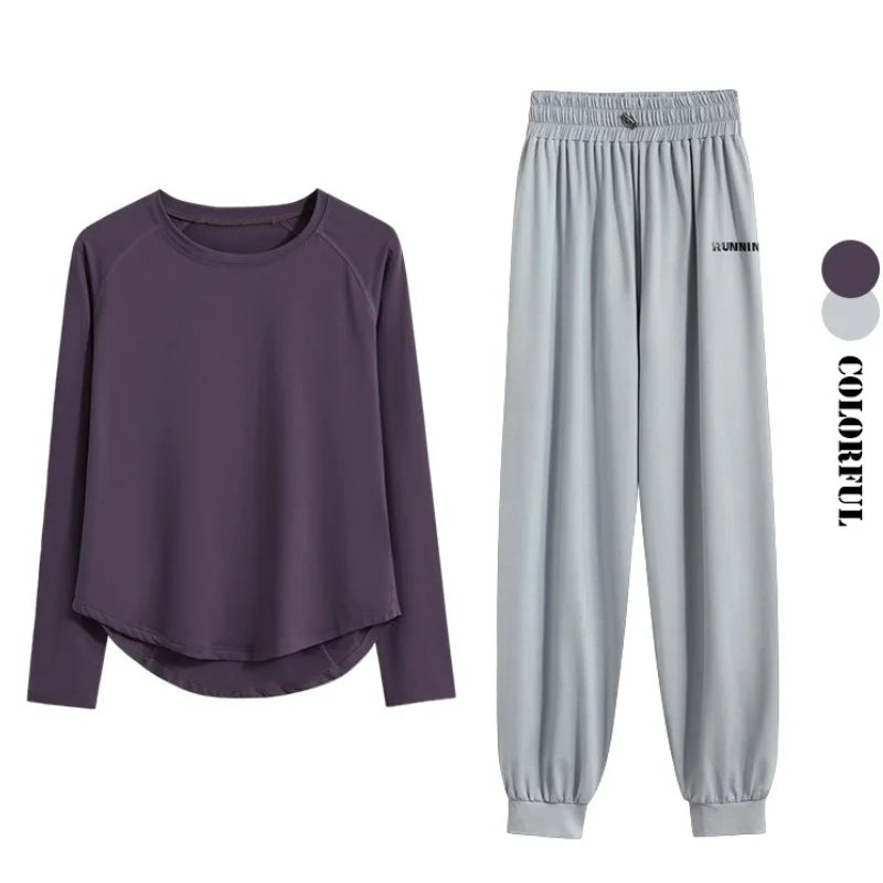 2Pcs Running Set Women Tracksuit Lightweight Loose Long Sleeve Sport Shirt Pants Sets 2 Piece Sportswear Outfit Gym Clothes