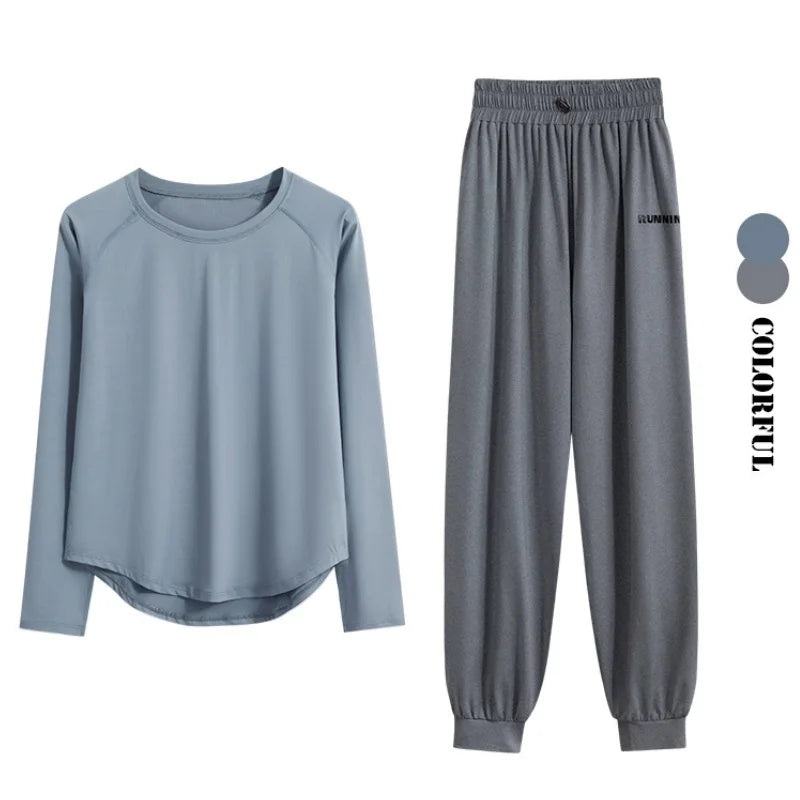 2Pcs Running Set Women Tracksuit Lightweight Loose Long Sleeve Sport Shirt Pants Sets 2 Piece Sportswear Outfit Gym Clothes