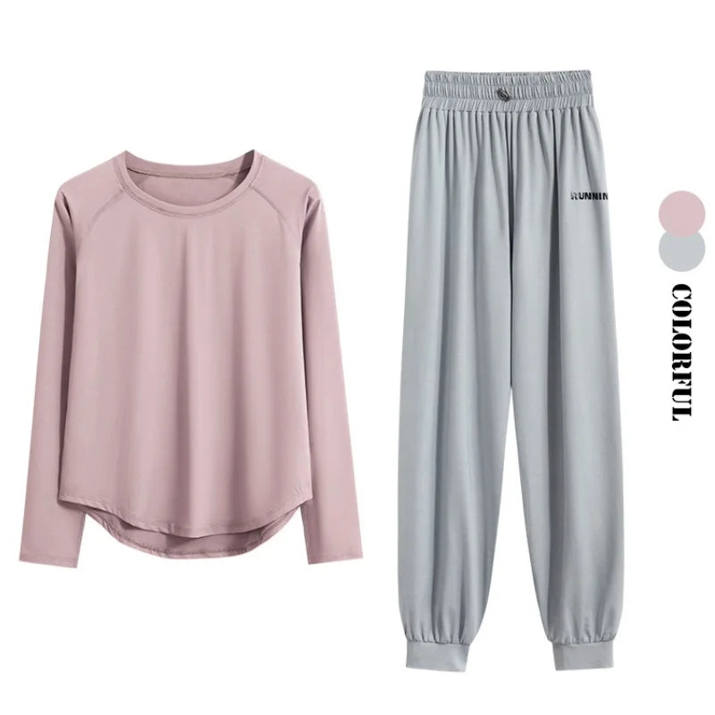 2Pcs Running Set Women Tracksuit Lightweight Loose Long Sleeve Sport Shirt Pants Sets 2 Piece Sportswear Outfit Gym Clothes