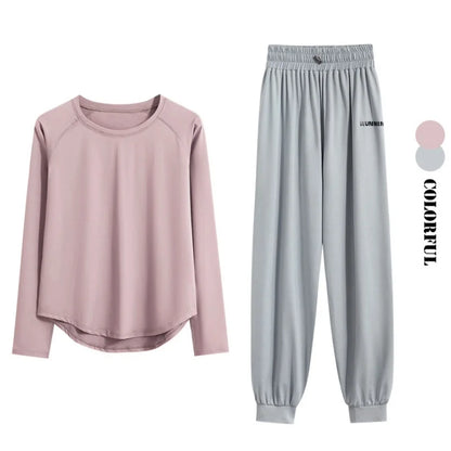 2Pcs Running Set Women Tracksuit Lightweight Loose Long Sleeve Sport Shirt Pants Sets 2 Piece Sportswear Outfit Gym Clothes