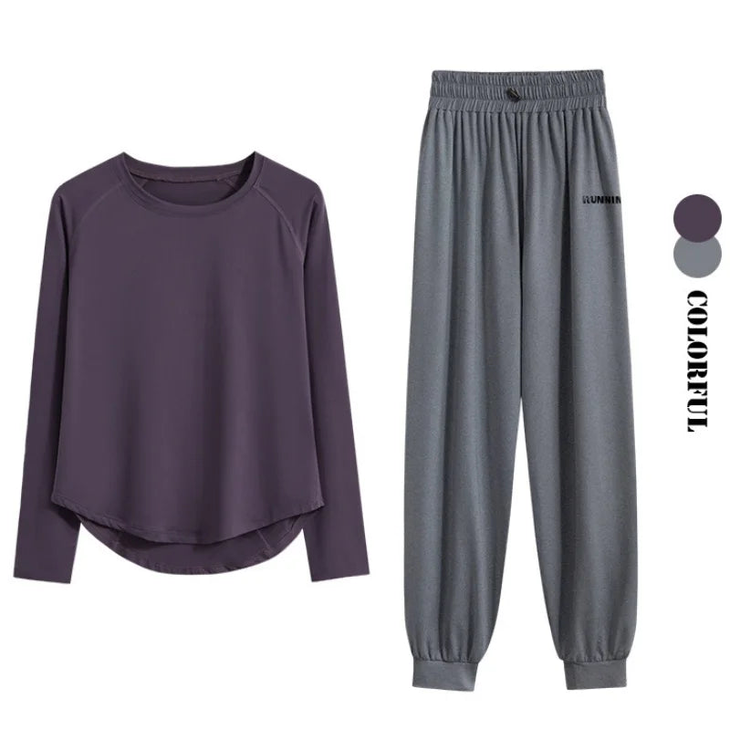 2Pcs Running Set Women Tracksuit Lightweight Loose Long Sleeve Sport Shirt Pants Sets 2 Piece Sportswear Outfit Gym Clothes