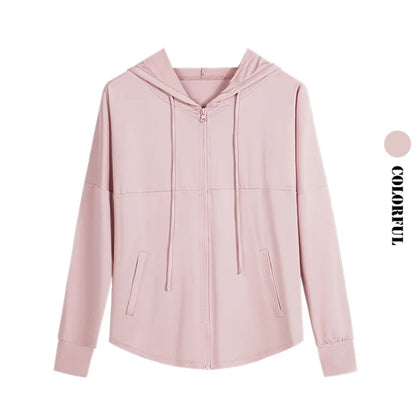 UPF 50+ Hooded Running Jacket Sun Protection Full Zip Long Sleeve Lightweight Gym Shirt Quick Dry Hiking Yoga Coat Autumn