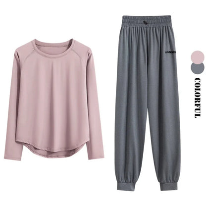 2Pcs Running Set Women Tracksuit Lightweight Loose Long Sleeve Sport Shirt Pants Sets 2 Piece Sportswear Outfit Gym Clothes