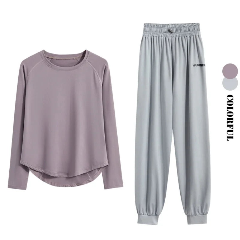 2Pcs Running Set Women Tracksuit Lightweight Loose Long Sleeve Sport Shirt Pants Sets 2 Piece Sportswear Outfit Gym Clothes