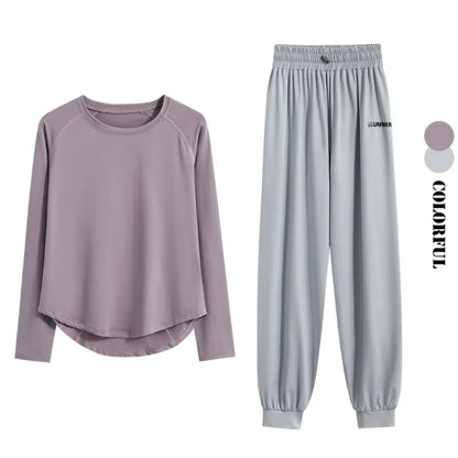 2Pcs Running Set Women Tracksuit Lightweight Loose Long Sleeve Sport Shirt Pants Sets 2 Piece Sportswear Outfit Gym Clothes