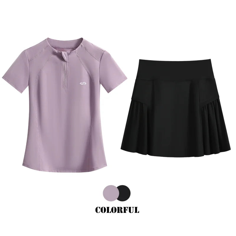 2Pcs Tennis Skirt Set Women Summer Sports Suit 2 Piece Fitness Top Skort Sets Ladies Golf Wear Set Sportswear Outfits 2025