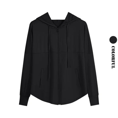UPF 50+ Hooded Running Jacket Sun Protection Full Zip Long Sleeve Lightweight Gym Shirt Quick Dry Hiking Yoga Coat Autumn