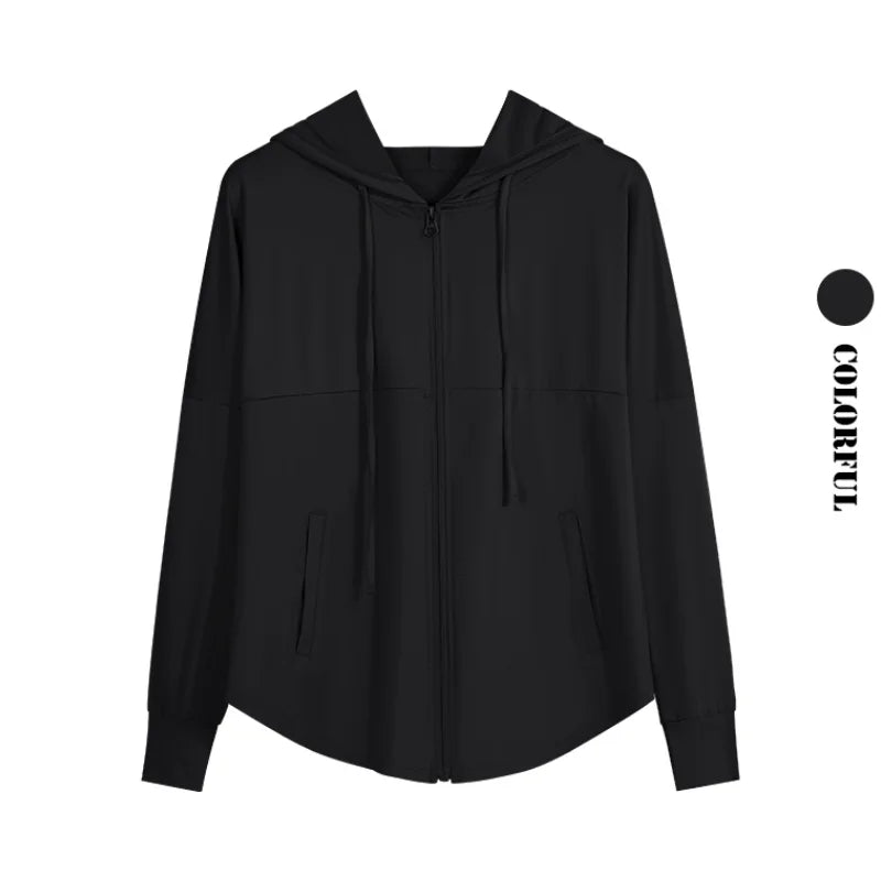 UPF 50+ Hooded Running Jacket Sun Protection Full Zip Long Sleeve Lightweight Gym Shirt Quick Dry Hiking Yoga Coat Autumn