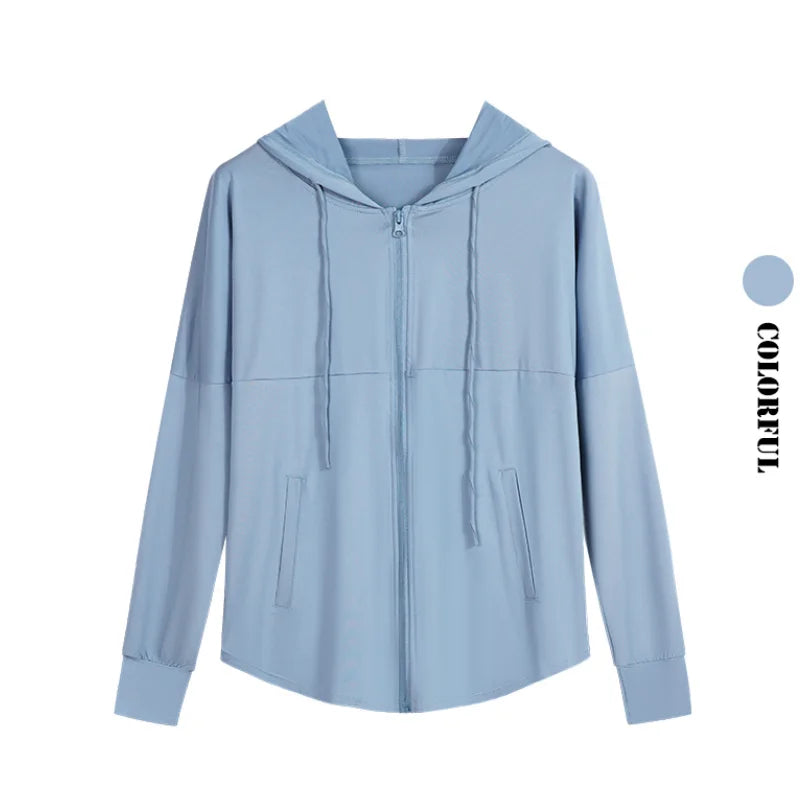 UPF 50+ Hooded Running Jacket Sun Protection Full Zip Long Sleeve Lightweight Gym Shirt Quick Dry Hiking Yoga Coat Autumn