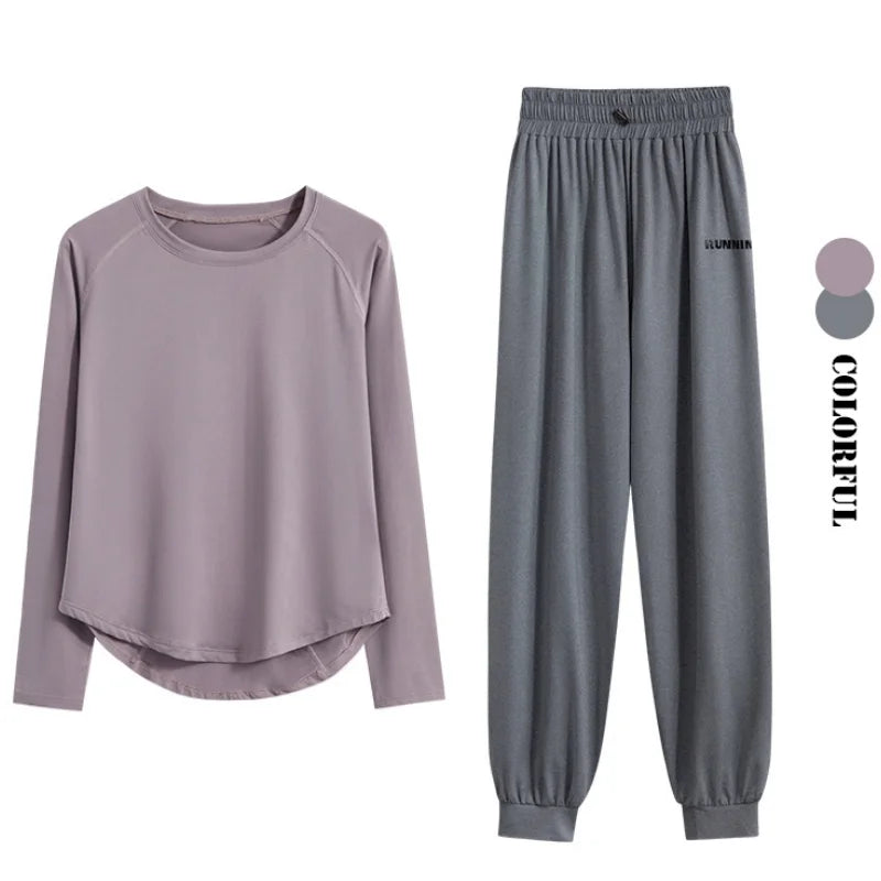 2Pcs Running Set Women Tracksuit Lightweight Loose Long Sleeve Sport Shirt Pants Sets 2 Piece Sportswear Outfit Gym Clothes