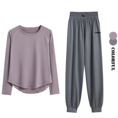 2Pcs Running Set Women Tracksuit Lightweight Loose Long Sleeve Sport Shirt Pants Sets 2 Piece Sportswear Outfit Gym Clothes