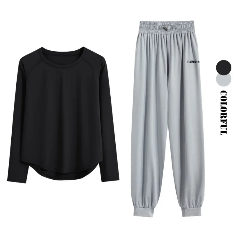 2Pcs Running Set Women Tracksuit Lightweight Loose Long Sleeve Sport Shirt Pants Sets 2 Piece Sportswear Outfit Gym Clothes