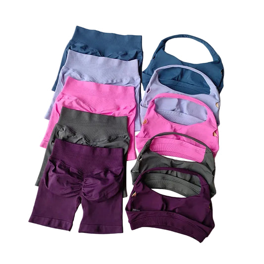 Sexy Halter Neck Beautiful Back High Waist Peach Sports Bras Shorts Suit Pilates Gathering Yoga Vest Training Fitness Bra Sets